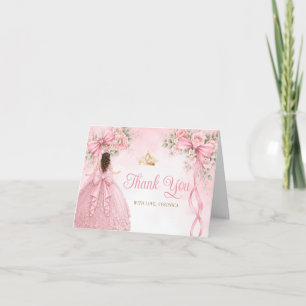 Pink Bow Ribbon Girl Quinceañera Dress Crown Thank You Card