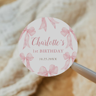 Pink Bow Ribbon Girl's 1st Birthday Classic Round Sticker