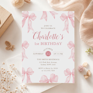 Pink Bow Ribbon Girl's 1st Birthday Invitation