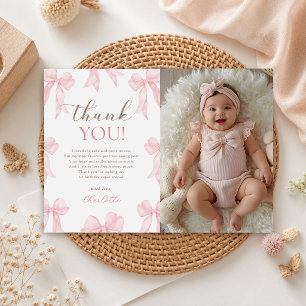 Pink Bow Ribbon Girl's 1st Birthday Photo Thank You Card