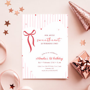 Pink Bow Ribbon Little Sweetheart First Birthday Invitation