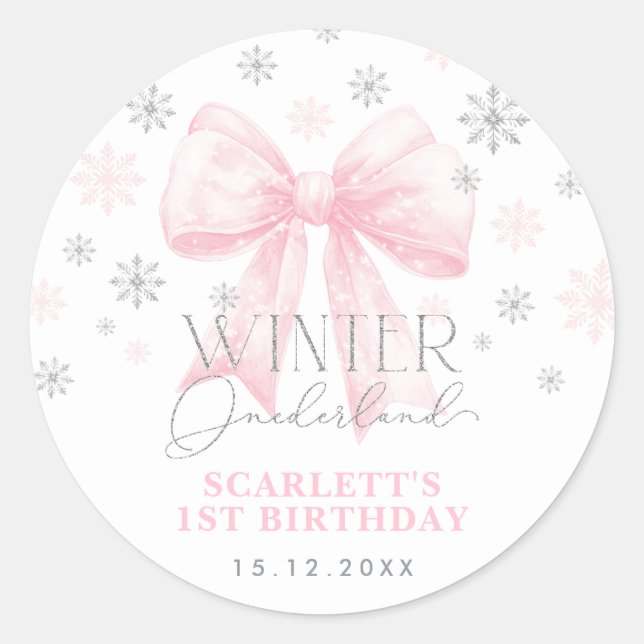 Pink Bow Ribbon Silver Winter Onederland Birthday Classic Round Sticker (Front)