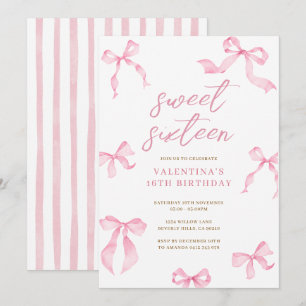 Pink Bow Ribbon Sweet 16 Birthday Invitation