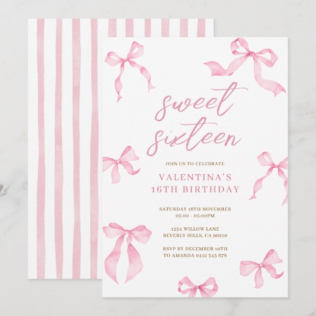 Pink Bow Ribbon Sweet 16 Birthday Invitation (Front/Back)