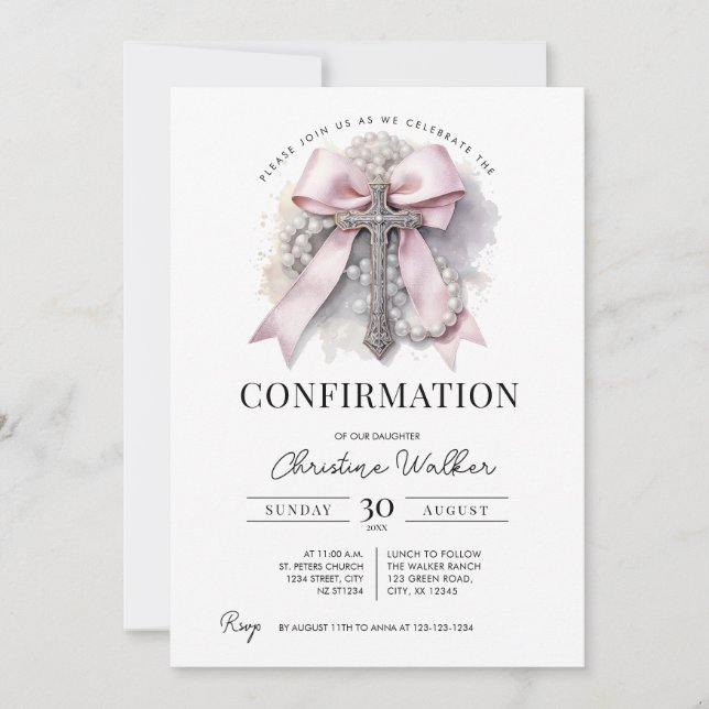Pink Bow & Rosary Confirmation Invitation (Front)