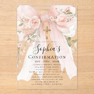 Pink Bow Rose Floral Girl Confirmation Acrylic Invitations