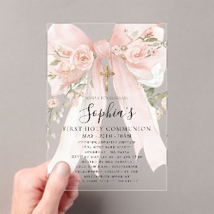 Pink Bow Rose Floral Girl First Communion Acrylic Invitations