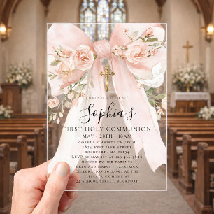 Pink Bow Rose Floral Girl First Communion Arch Acrylic Invitations