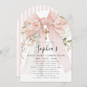 Pink Bow Rose Floral Girl First Communion Arch Invitation