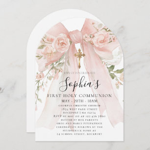 Pink Bow Rose Floral Girl First Communion Arch Invitation