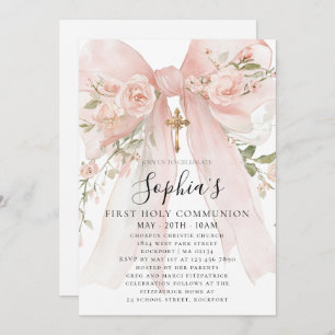 Pink Bow Rose Floral Girl First Communion Invitation