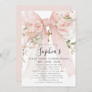Pink Bow Rose Floral Girl First Communion Invitation