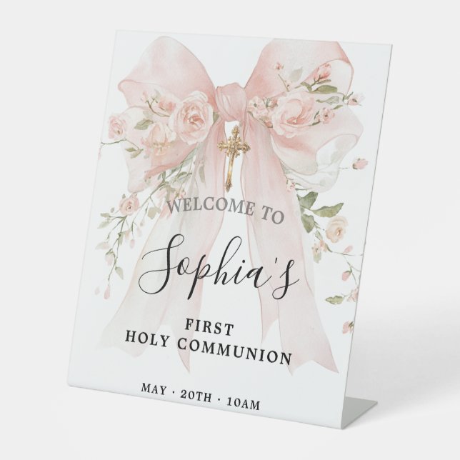 Pink Bow Rose Floral Girl First Communion Pedestal Sign (Front)