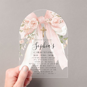 Pink Bow Rose Floral Girl's Christening Arch Acrylic Invitations