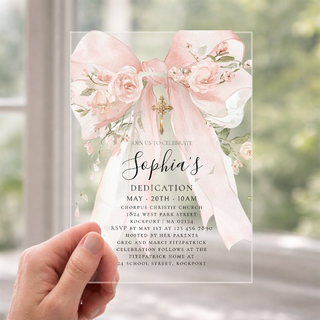 Pink Bow Rose Floral Girl's Dedication Arch Acrylic Invitations (Creator Uploaded)