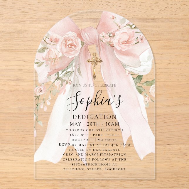 Pink Bow Rose Floral Girl's Dedication Arch Acrylic Invitations (Front)