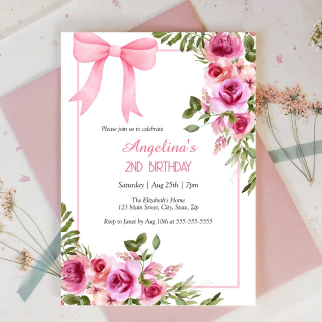 Pink Bow Rose Floral Greenery Girls Birthday Invitation (Creator Uploaded)