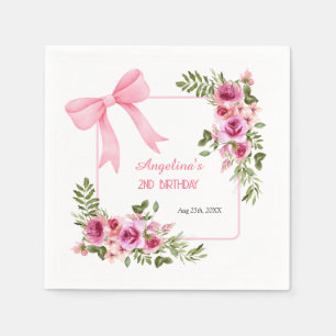 Pink Bow Rose Floral Greenery Girls Birthday Napkin