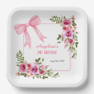 Pink Bow Rose Floral Greenery Girls Birthday Paper Plate
