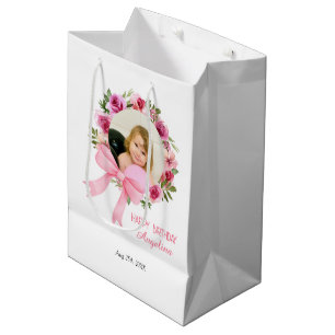 Pink Bow Rose Floral Wreath Photo Birthday Medium Gift Bag