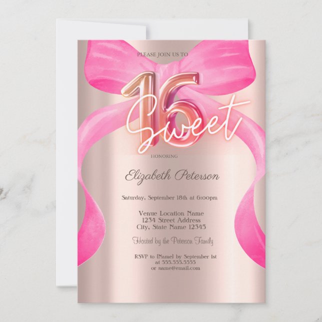 Pink Bow Rose Gold Shiny Sweet 16 Invitation (Front)