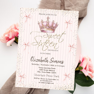 Pink Bow Royal Crow Confetti Striped Sweet 16 Invitation