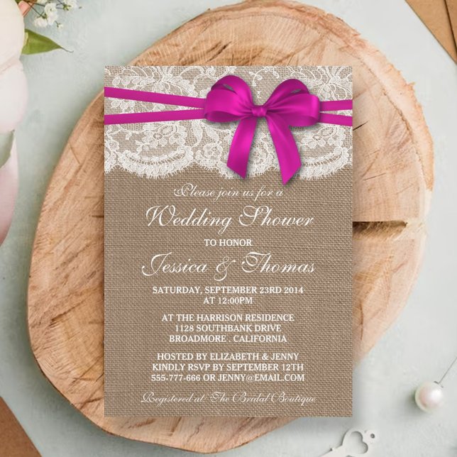 Pink Bow Rustic Burlap & Lace Wedding Shower Invitation (Creator Uploaded)