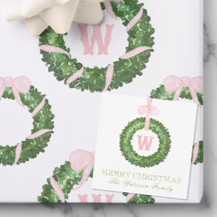 Pink Bow Sash Christmas Monogram Wreath Enclosure Card