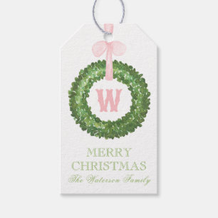 Pink Bow Sash Christmas Monogram Wreath Enclosure Gift Tags