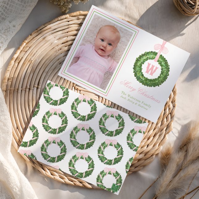 Pink Bow Sash Christmas Monogram Wreath Holiday Card (Creator Uploaded)