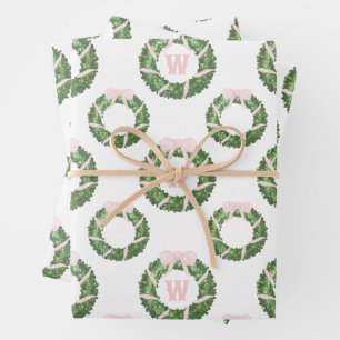 Pink Bow Sash Christmas Monogram Wreath Wrapping Paper Sheet