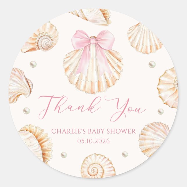 Pink Bow Seashell Coastal Baby Shower Sticker (Front)