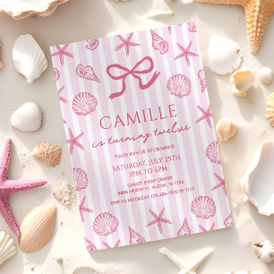 Pink Bow Seashell Coastal Beach Birthday Invitation