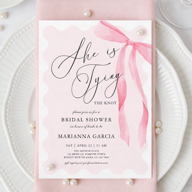 Pink Bow She is Tying the Knot Bridal Shower Invitation (Front of invite shown in 5 x 7 inches, choose size, paper, and corner style.)