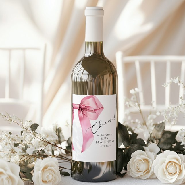 Pink Bow She is tying the knot Bridal Shower Wine Label (Creator Uploaded)