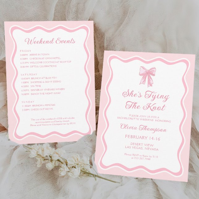 Pink Bow She's Tying the Knot Bachelorette Party Invitation (Creator Uploaded)