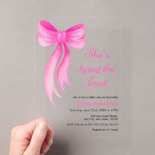 Pink Bow She's Tying the Knot Bridal Shower Acrylic Invitations