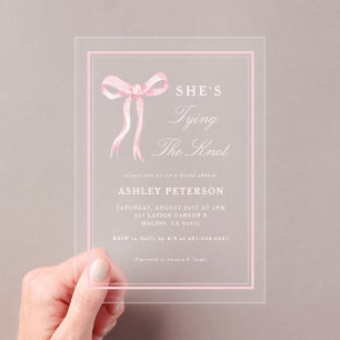 Pink Bow She's Tying The Knot Bridal Shower Acrylic Invitations