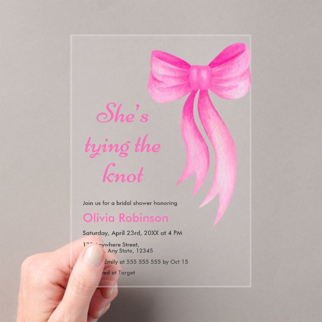Pink Bow She's Tying the Knot Bridal Shower  Acrylic Invitations (Insitu (Handheld))