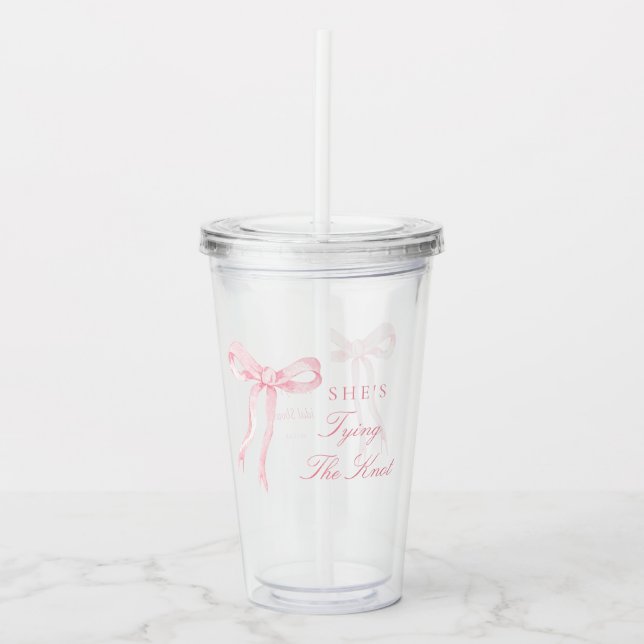Pink Bow She's Tying The Knot Bridal Shower Favour Acrylic Tumbler (Front)