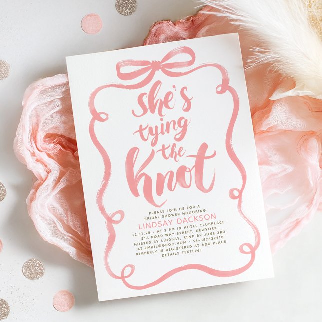 Pink Bow She's Tying The Knot Bridal Shower Invitation (Pink Bow She's Tying The Knot Whimsical Playful Fun Bridal Shower Invitation)