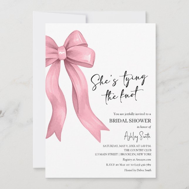 Pink Bow She's Tying the Knot Bridal Shower Invitation (Front)