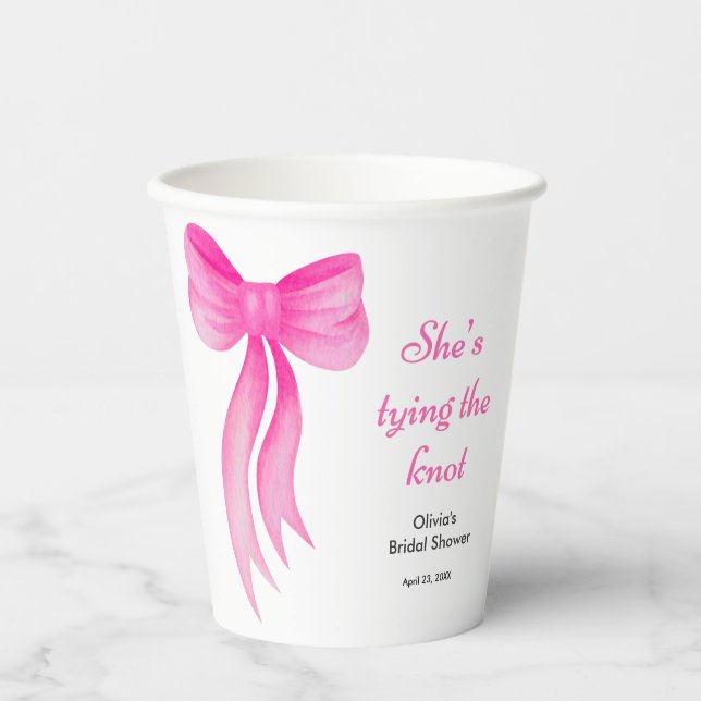 Pink Bow She's Tying the Knot Bridal Shower  Paper Cups (Front)