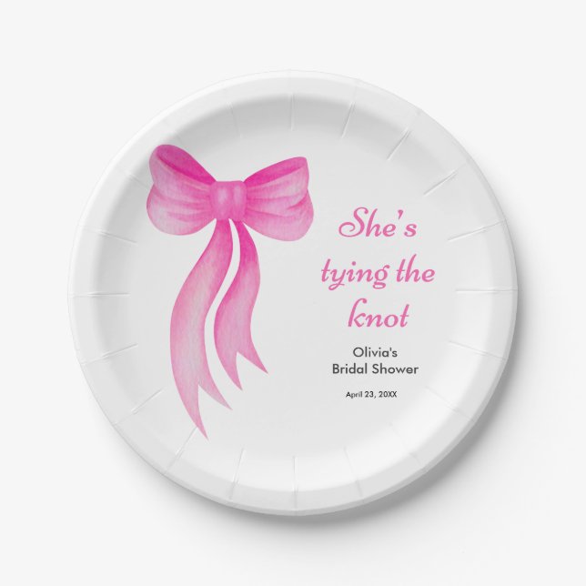 Pink Bow She's Tying the Knot Bridal Shower  Paper Plate (Front)