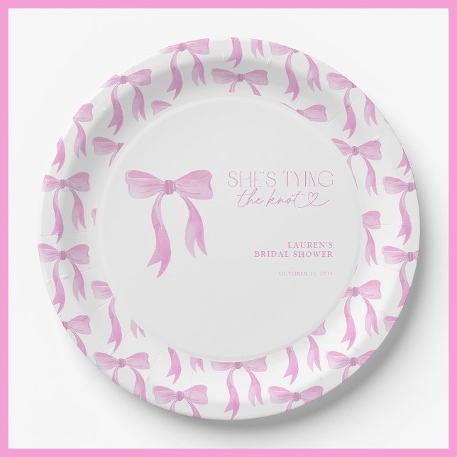 Pink Bow She's Tying The Knot Bridal Shower Paper Plate (Creator Uploaded)