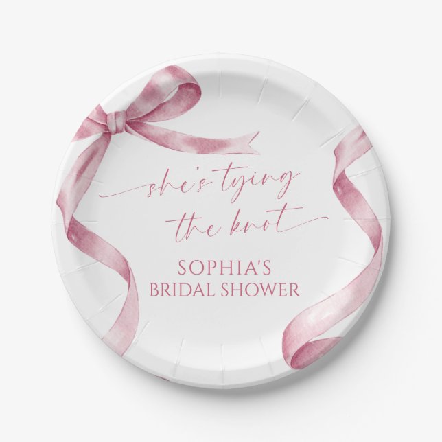 Pink Bow She's Tying The Knot Bridal Shower Paper Plate (Front)
