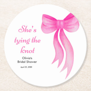 Pink Bow She's Tying the Knot Bridal Shower  Round Paper Coaster