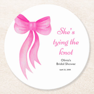 Pink Bow She's Tying the Knot Bridal Shower  Round Paper Coaster