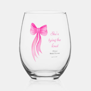 Pink Bow She's Tying the Knot Bridal Shower Stemless Wine Glass