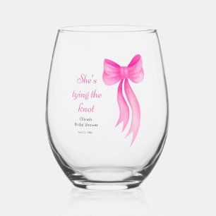 Pink Bow She's Tying the Knot Bridal Shower  Stemless Wine Glass